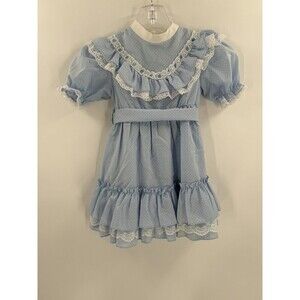Vintage Baby Party Dress Blue Swiss Dot and White Lace With Belt Measures 24mths